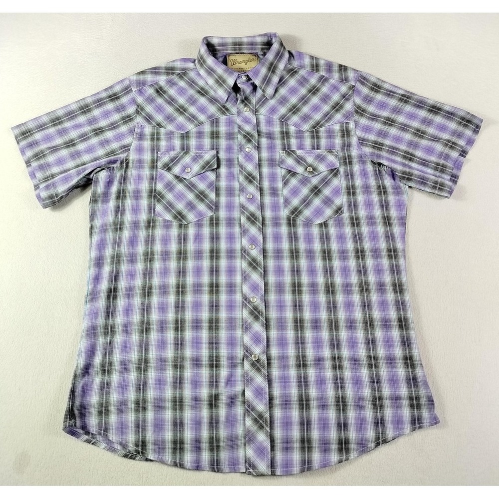 Wrangler Shirt Mens Large Purple Plaid Short Sleeve Western Pearl Snap Cowboy